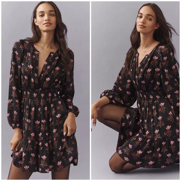 Anthropologie Somerset Mini Floral Dress Black Size Medium NEW Long Sleeve Boho - Picture 1 of 9